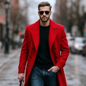 May include: A vibrant red wool-blend overcoat worn over a black crew-neck sweater and dark blue denim jeans. The outfit includes brown leather lace-up boots and a closed black umbrella held in one hand. Dark sunglasses complete the ensemble.