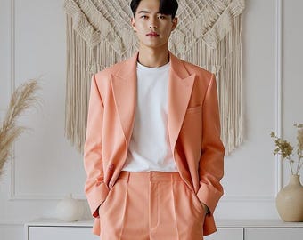 Peach Oversized Blazer Suit, Men's Korean Wide Leg Pant Set