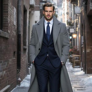 Men’s Grey Wool Overcoat | Classic Long Winter Coat | Tailored Formal Trench for Business & Casual | Elegant Outerwear for Men