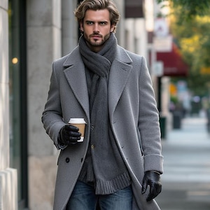 Men’s Grey Wool Overcoat | Tailored Long Trench Coat | Elegant Formal Winter Jacket | Stylish Custom Outerwear for Business & Casual Wear