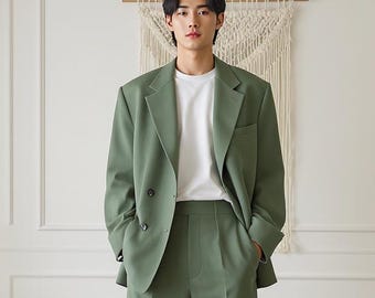 Green Oversized Blazer Suit, Korean Wide Leg Pant Set, Custom Formal Streetwear