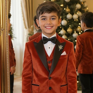 Boys Rust Velvet Tuxedo Suit with Black Lapel | Formal Holiday Outfit for Kids | Ring Bearer Wedding Suit | Christmas Party Suit for Boys