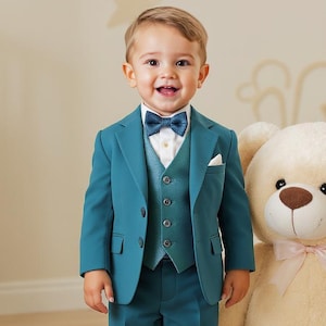 Toddler Boys Teal 3-Piece Suit with Bow Tie | Baby Formal Outfit for Weddings, Birthdays & Photoshoots | Ring Bearer Suit for Kids