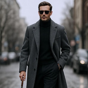 Grey Wool Overcoat for Men | Sophisticated Long Winter Coat | Tailored Formal Trench Jacket | Custom Minimalist Outerwear