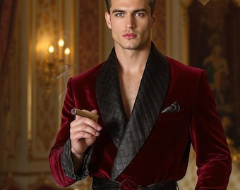 Burgundy Velvet Robe for Men | Quilted Shawl Collar, Custom Lounge Gown