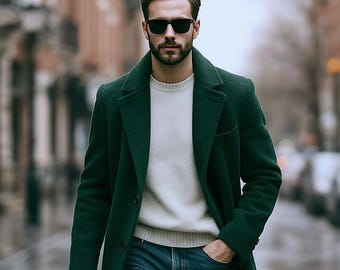 メンズ グリーンツイード オーバーコート：ダブルブレスト ロング