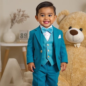 Toddler Boys Teal Blue 3-Piece Suit with Bow Tie | Baby Boy Formal Outfit | First Birthday Suit | Ring Bearer Wedding Outfit for Kids