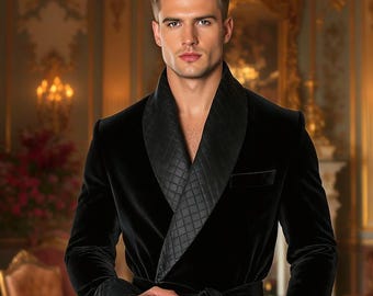 Regal Black Velvet Robe | Quilted Shawl Collar, Plush Lounge Gown