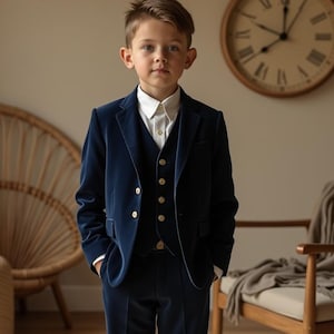 Blue Velvet Single Breasted Boys Three Piece Suit | Toddler Formal Wear | Custom Ring Bearer Outfit for Wedding & Parties