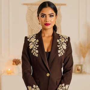 Brown Embroidered Suit Set | 2-Piece Blazer & Trouser Co-Ord | Indian Fusion Power Suit | Festive and Formal Ethnic Outfit | Custom Tailored
