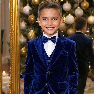 Boys Royal Blue Velvet Tuxedo Suit | Kids Formal Outfit with Bow Tie | Holiday Party Ring Bearer Suit | Elegant Wedding Suit for Boys
