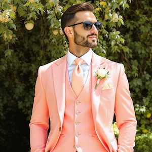 Peach Three Piece Men&#39;s Outfit for Wedding & Special Occasion Suit | Slim Fit Prom, Party, Wedding Outfit Gift For Him