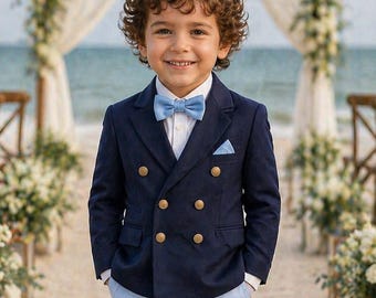 Traje cruzado azul marino para niño, conjunto de portador de anillos de boda con pantalón azul claro.