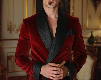 Maroon Velvet Men's Robe | Quilted Shawl Collar, Custom Plus Size