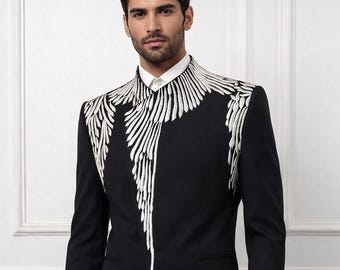 Embroidered Wing Asymmetric Blazer | Mens Indo Western Party Coat