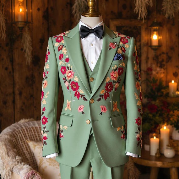 Olive Green Floral Embroidered Tuxedo | Custom Western Suit
