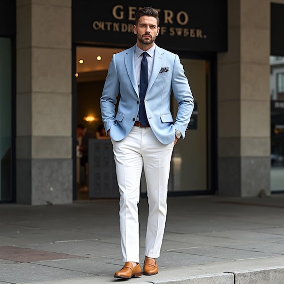 Wedding Sky Blue Blazer Men Sky Blue Blazer With White Pants For