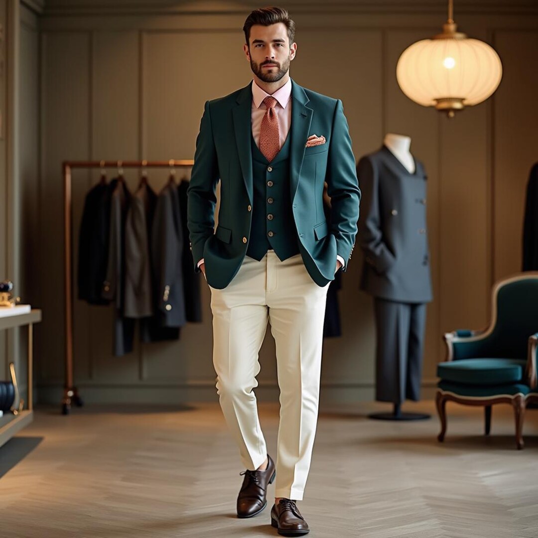 Teal Green Blazer & Vest With Off-white Pants for Men | Custom 3‑piece ...