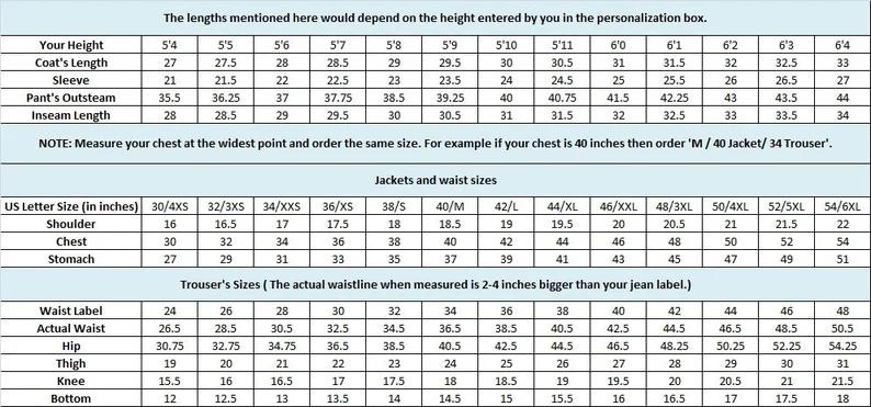May include: A detailed chart with measurements for jackets, trousers, and coat lengths. Includes US letter sizes, shoulder, chest, and stomach measurements in inches. Also shows trouser sizes with waist, hip, thigh, knee, and bottom measurements.