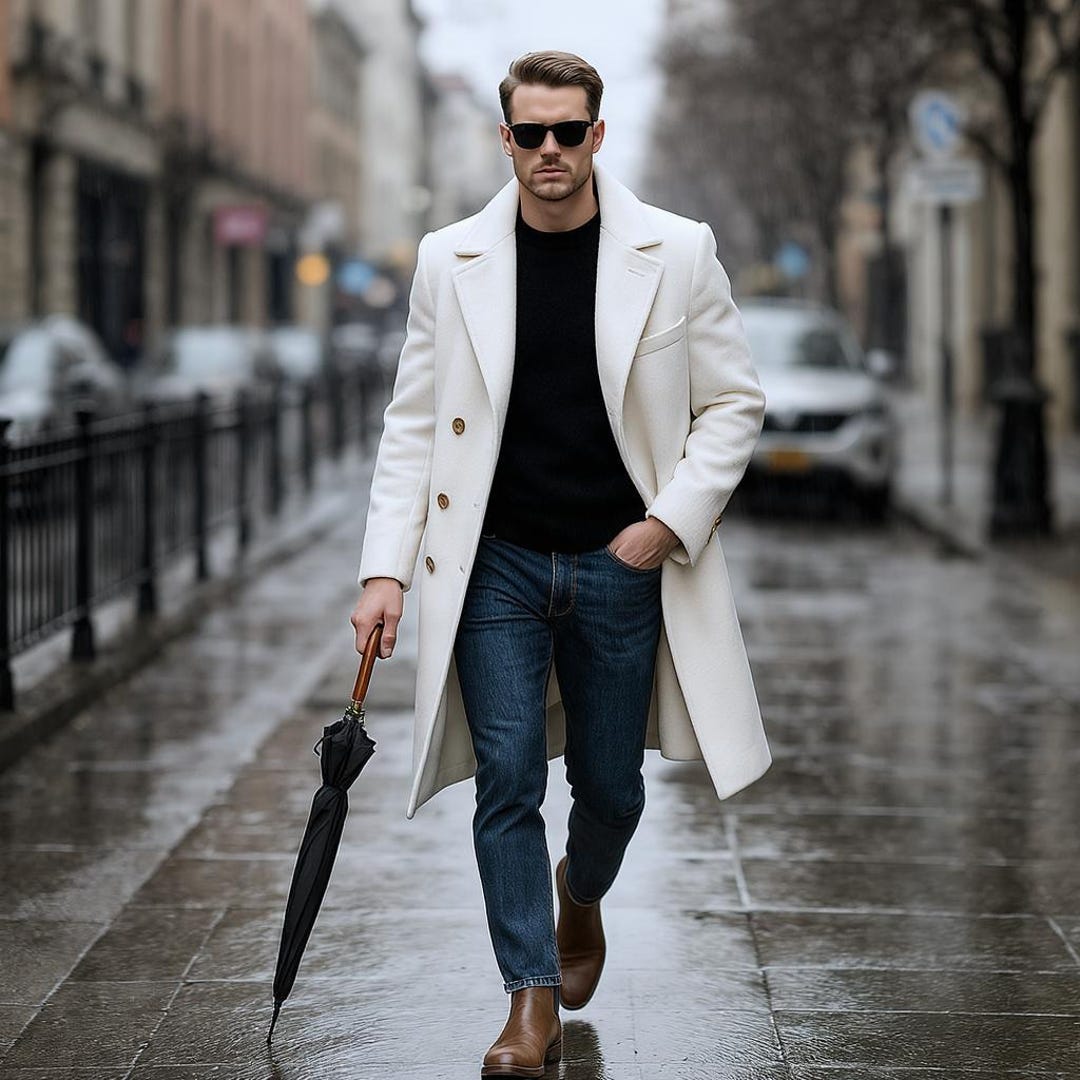 White Wool-blend Overcoat for Men | Elegant Tailored Trench Jacket