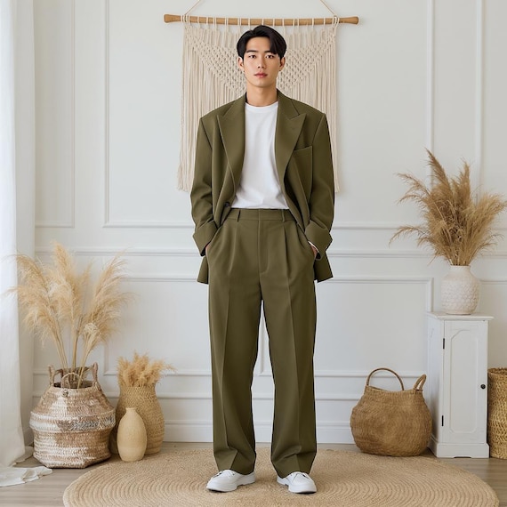 Olive Green Oversized Blazer Suit, Wide Leg Pant Set, Korean Style - Etsy  Israel