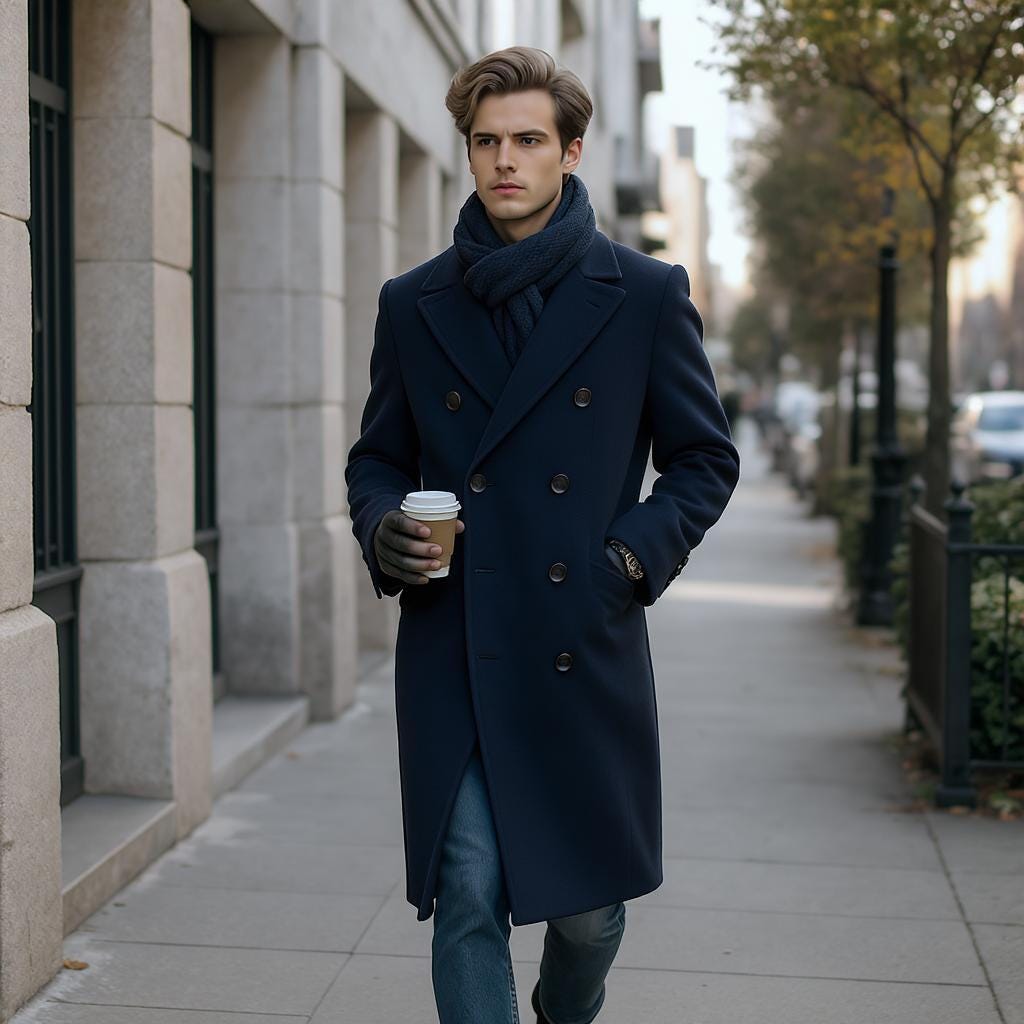 Men's Blue Wool-Blend Overcoat Double-Breasted Long Trench Coat