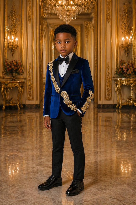 Boys Royal Blue Velvet Suit, Gold Embroidery, 3pc Formal Set, Ring Bearer Outfit