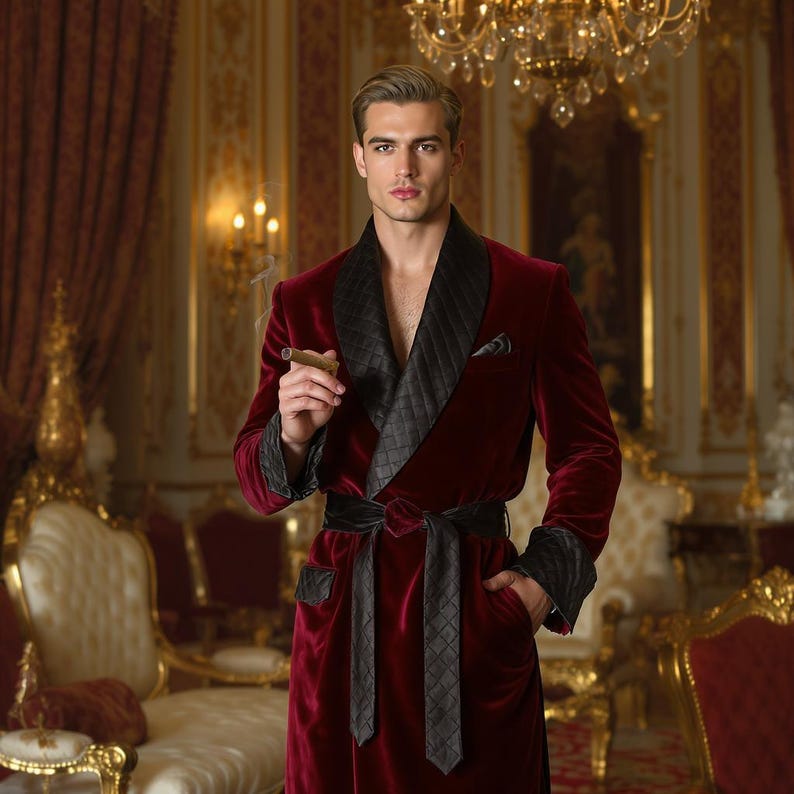 Burgundy Velvet Robe for Men | Quilted Shawl Collar, Custom Lounge Gown ...