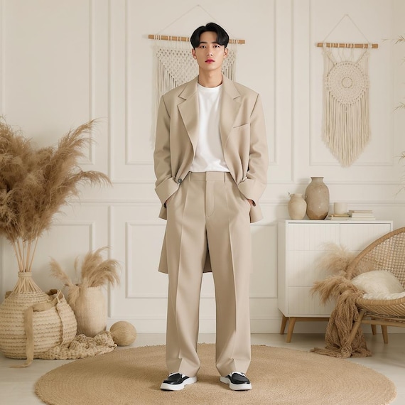 Beige Oversized Blazer Suit, Korean Style Wide Leg Pants, Men's Streetwear  - Etsy Ireland