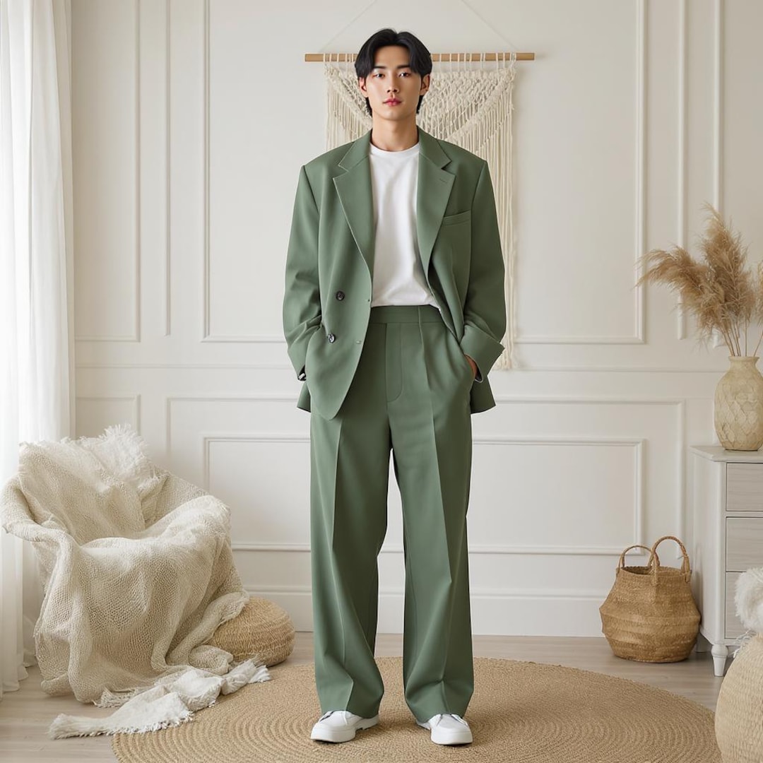 Green Oversized Blazer Suit, Korean Wide Leg Pant Set, Custom