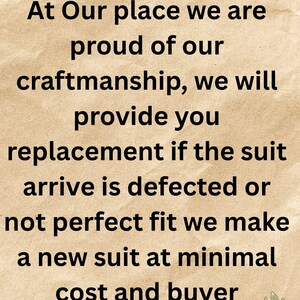 May include: Text on a beige background with floral and leaf accents. The text reads "GENTRODESIGNS" followed by a description of craftsmanship and replacement policies for suits, including buyer responsibility for shipping.