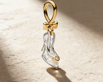 Disney Princess Cinderella Shoe Dangle Charm,925 Sterling Silver Charm,Handmade Silver Bead,Fits European Bracelets and Necklaces, Best Gift