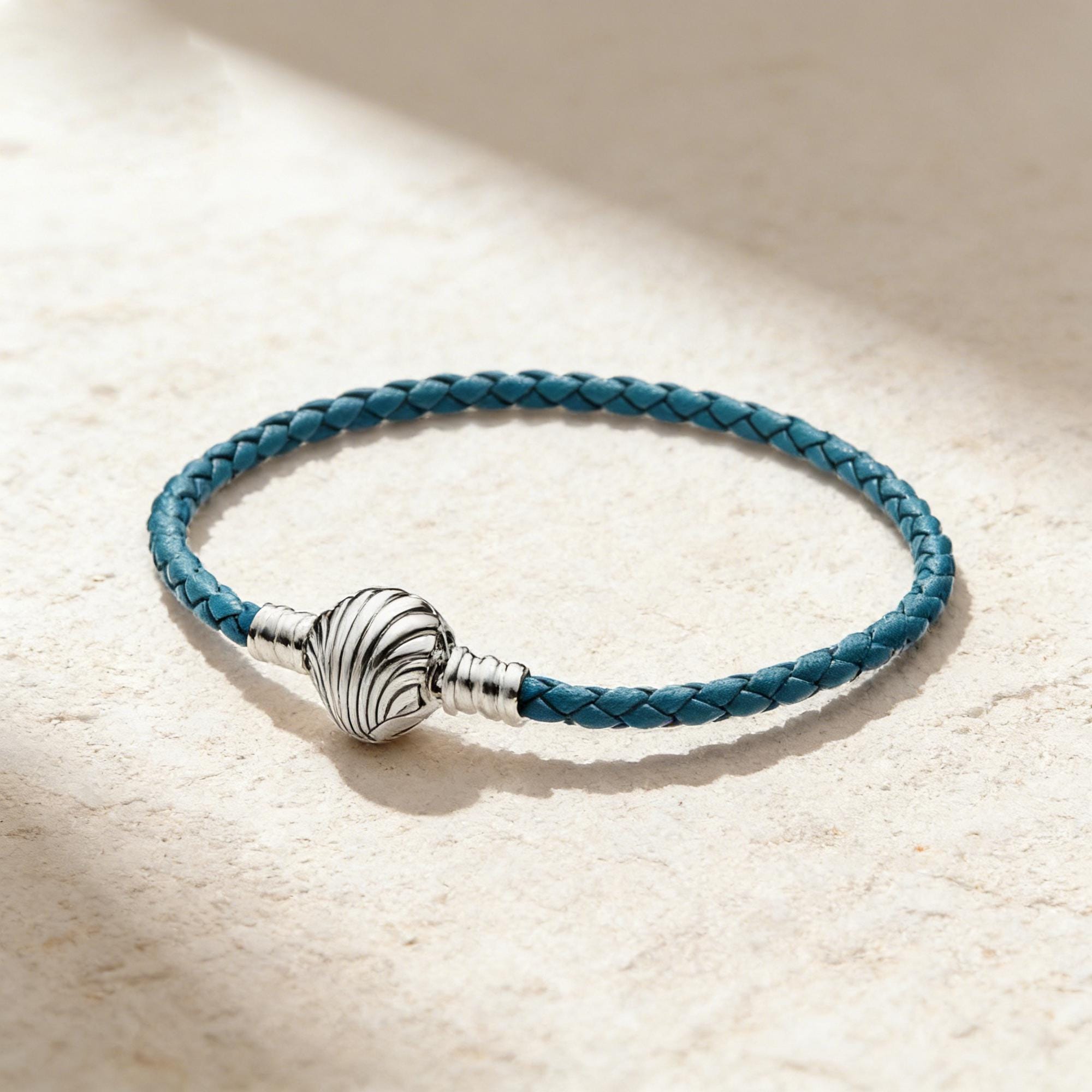 Pandora Moments Seashell Clasp Turquoise Braided Leather Bracelet