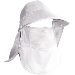 May include: A light gray sun hat with a wide brim and a neck and face cover. The hat has a mesh panel over the mouth and nose area and a fabric flap that buttons to the hat.