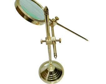 Vintage Brass Magnifying Glass on Stand, Adjustable Reading Magnifier, Nautical Desk Decor, Antique Office Gift, 10X Lens