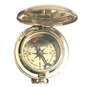Nautical Brass Push Button Compass with Leather Case – Vintage Maritime Pocket Compass for Camping, Hiking & Collectible Gift
