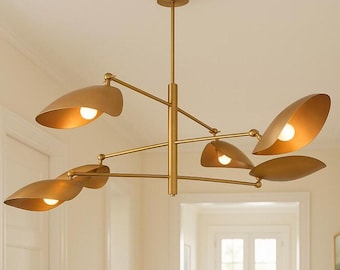 Handmade Brass Sputnik Chandelier, Mid Century Modern 6-Light Ceiling Fixture, Opal Glass Globe Light