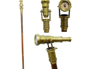Antique Brass Engraved Walking Cane - Spyglass Telescope & Compass, Steampunk Victorian Dollond London 1920 Replica