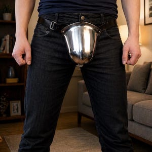 May include: A shiny, silver metal chastity device, worn with a black leather belt and dark denim jeans. The device is a cup-shaped design, reflecting the surrounding environment. The person is wearing a navy blue tank top.