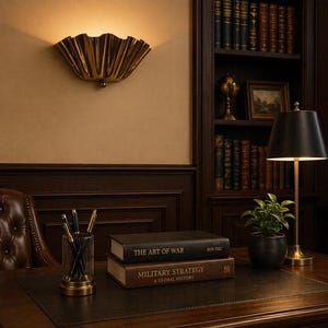 May include: A home office setting with a gold wall sconce, a black desk lamp, and a bookshelf filled with books. On the desk are two books titled "The Art of War" and "Military Strategy", a pen holder, and a small potted plant.