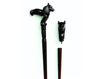 Hand Carved Wooden Wolf Head Cane: Ergonomic Walking Stick