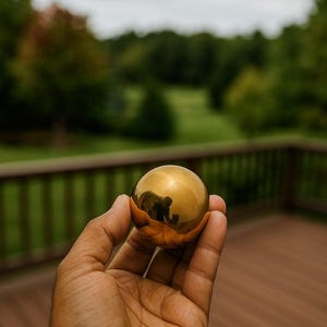 Puede incluir: Una esfera dorada y brillante sostenida en una mano. La esfera refleja el entorno, incluyendo &aacute;rboles y una persona. El fondo presenta una terraza de madera y un paisaje natural verde.