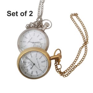 May include: Set of two pocket watches. One watch has a silver-colored case and chain, the other has a gold-colored case and chain. Both watches have white faces with black Roman numerals and a subdial. The text "WALTHAM" is visible on the silver watch.