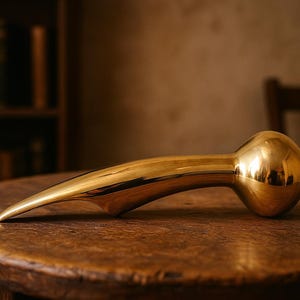 Puede incluir: Un tirador de puerta dorado pulido con un extremo redondeado y una punta curva y puntiaguda. El tirador est&aacute; sobre una mesa redonda de madera. El fondo incluye una estanter&iacute;a y una silla de madera.