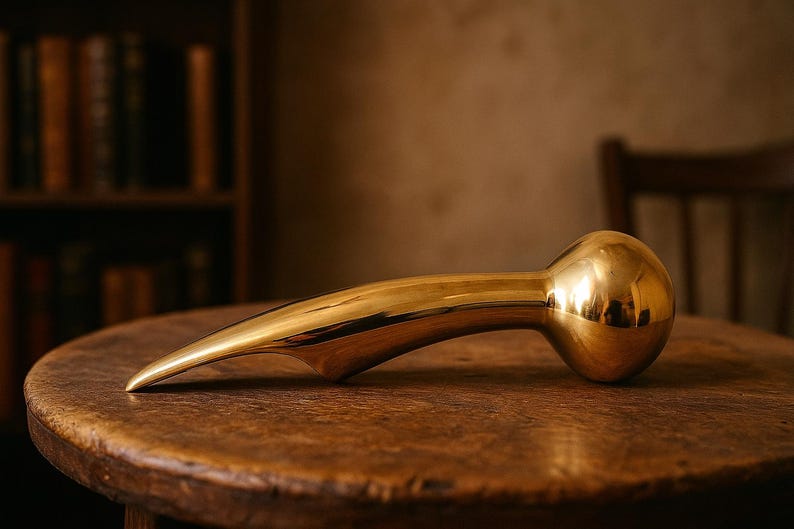 Puede incluir: Un tirador de puerta dorado pulido con un extremo redondeado y una punta curva y puntiaguda. El tirador est&aacute; sobre una mesa redonda de madera. El fondo incluye una estanter&iacute;a y una silla de madera.