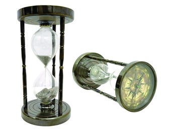 Antique Brass Sand Timer with Compass | Nautical Hourglass Desk Decor