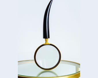 Antique Brass Magnifying Glass with Horn Handle, Vintage Reading Lens, Nautical Desk Decor, Office Desk Accessory, Collector Gift, 9x4 Inch