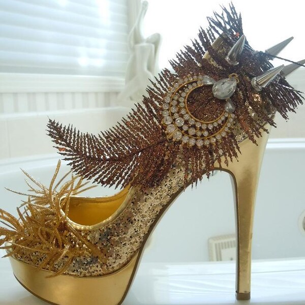 High Heel Platform Spiked Women Shoes Gold size 8...A SpikesByG  Design