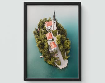 Impresión aérea de la isla del lago Bled - Fotografía de viajes de Eslovenia