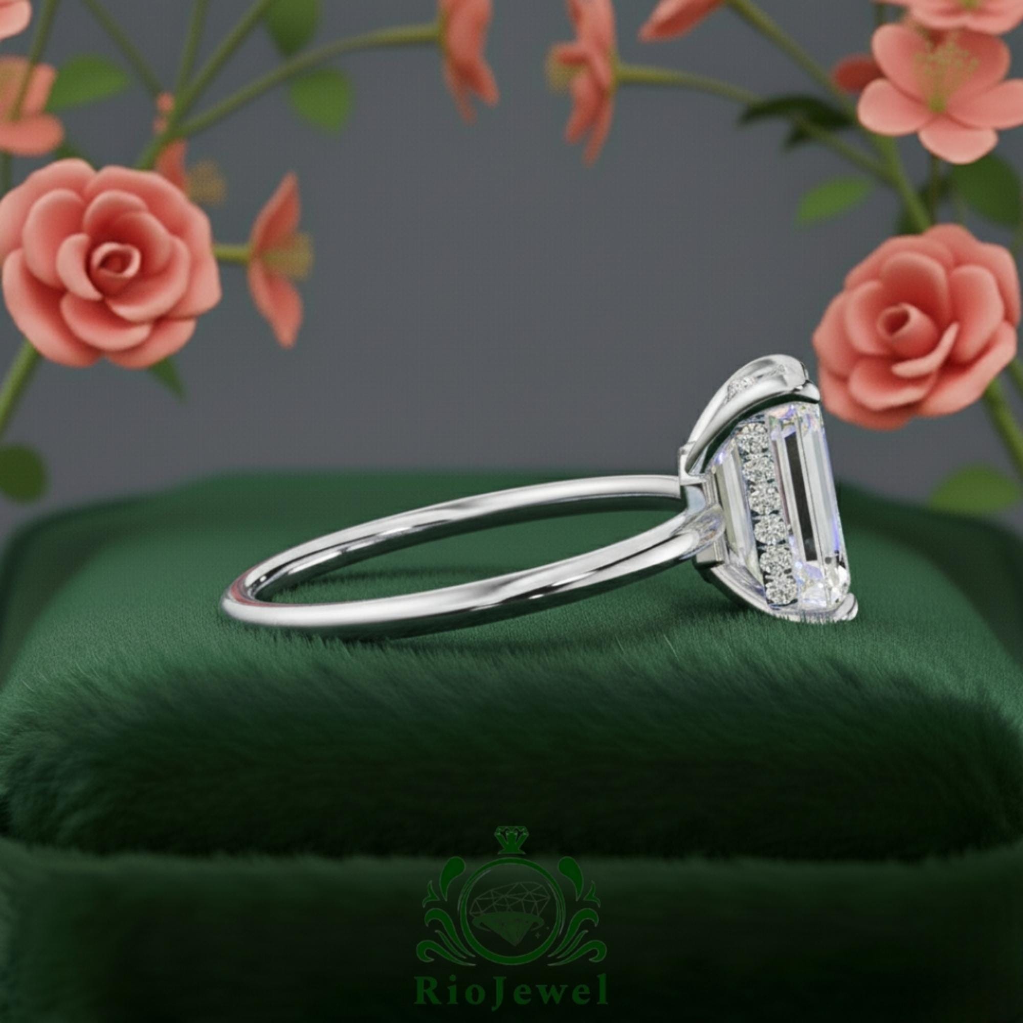 モアサナイト　指輪　リング　4ct　エメラルドカット　ソリティア　9.5号 エメラルドカット4カラットモアッサナイトリング｜隠しアクセント付き
